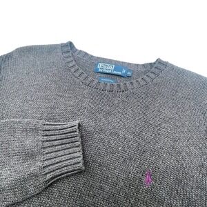 Vintage Polo Ralph Lauren Mens XL Grey Crewneck Knit Sweater Purple Pony Cotton